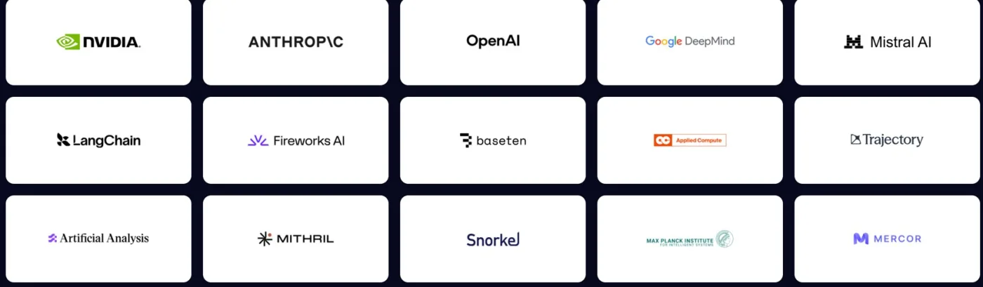 Benchmark research partners: NVIDIA, Anthropic, OpenAI, Google DeepMind, Mistral AI, LangChain, Fireworks AI, Baseten, Applied Compute, Trajectory, Artificial Analysis, Mithril, Snorkel, Max Planck Institute, and Mercor